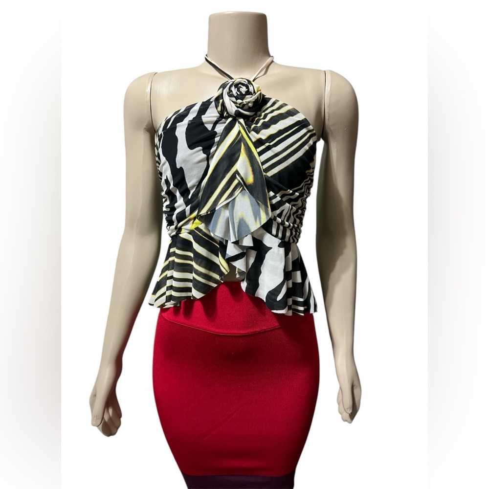 NWT AFRM Women's Size L Halter Top Zebra Lime Print Sleeveless Peplum Rosette